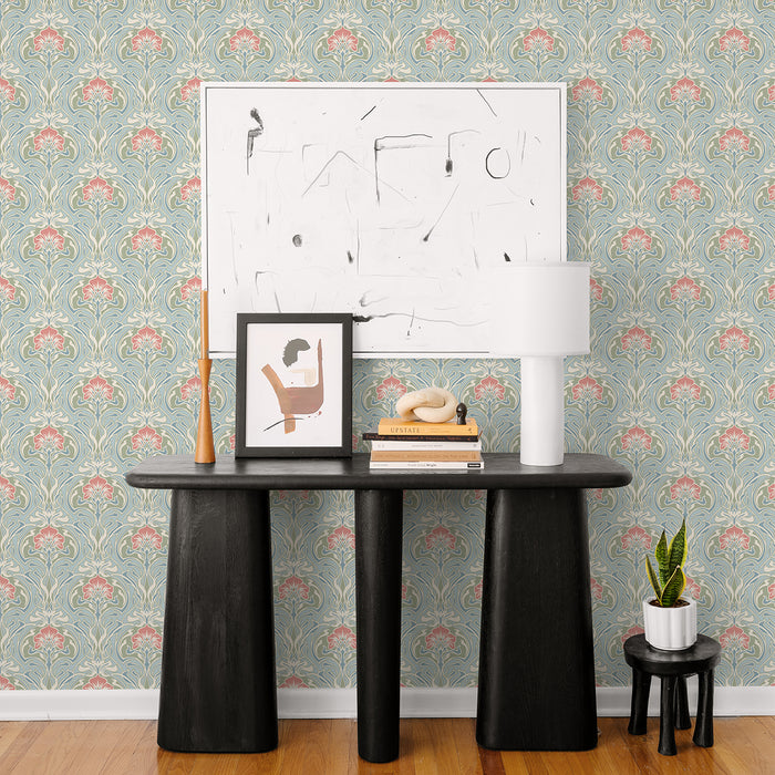 Mucha Light Blue Botanical Ogee Wallpaper | A-Street Prints