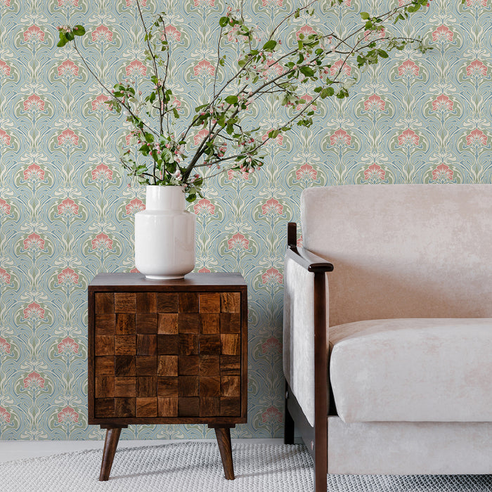 Mucha Light Blue Botanical Ogee Wallpaper | A-Street Prints