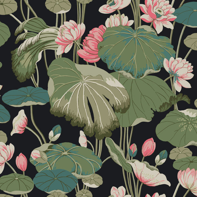 Lotus Pond Wallpaper- Midnight/Flamingo | York