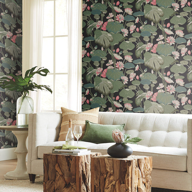 Lotus Pond Wallpaper- Midnight/Flamingo | York