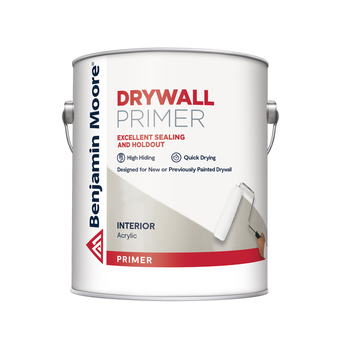 Benjamin Moore drywall primer can on a white background