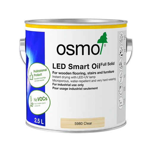 Osmo LED Smart Oil, LED UV curing oil, industrial hardwax-oil, Osmo Canada, wood finishing oil, instant curing oil, LED-UV 395nm finish, zero VOC hardwax, professional wood finish