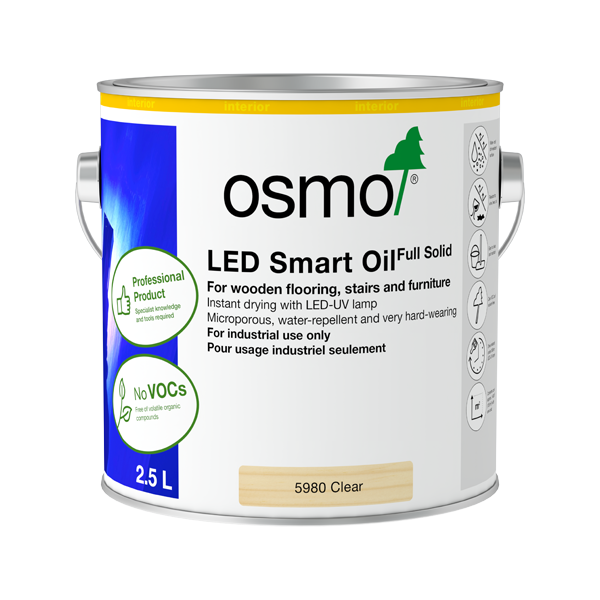 Osmo LED Smart Oil, LED UV curing oil, industrial hardwax-oil, Osmo Canada, wood finishing oil, instant curing oil, LED-UV 395nm finish, zero VOC hardwax, professional wood finish