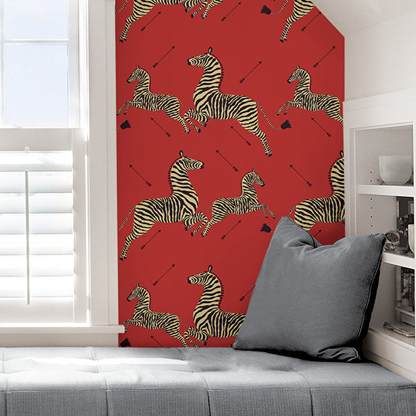 Brewster | Masai Red Zebra Safari Scalamandre Self Adhesive Wallpaper