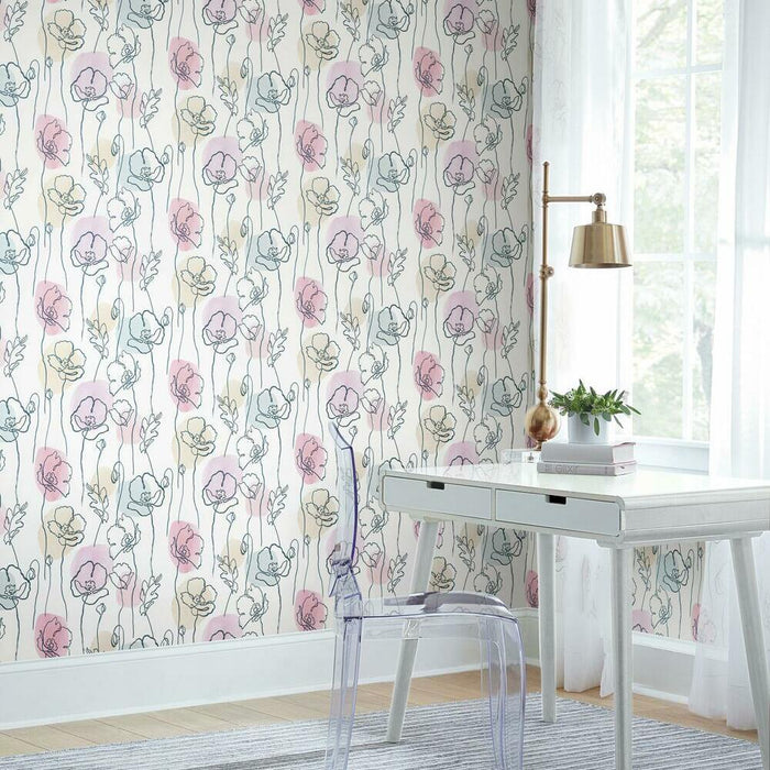 York | Pink and White Modern Poppy Peel and Stick Wallpaper